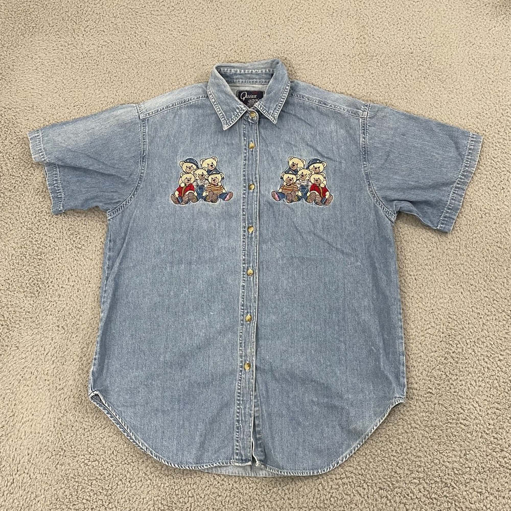 Vintage Embroidered Bear Denim Shirt Women M Blue Let's Quizz Again‎ Grandma